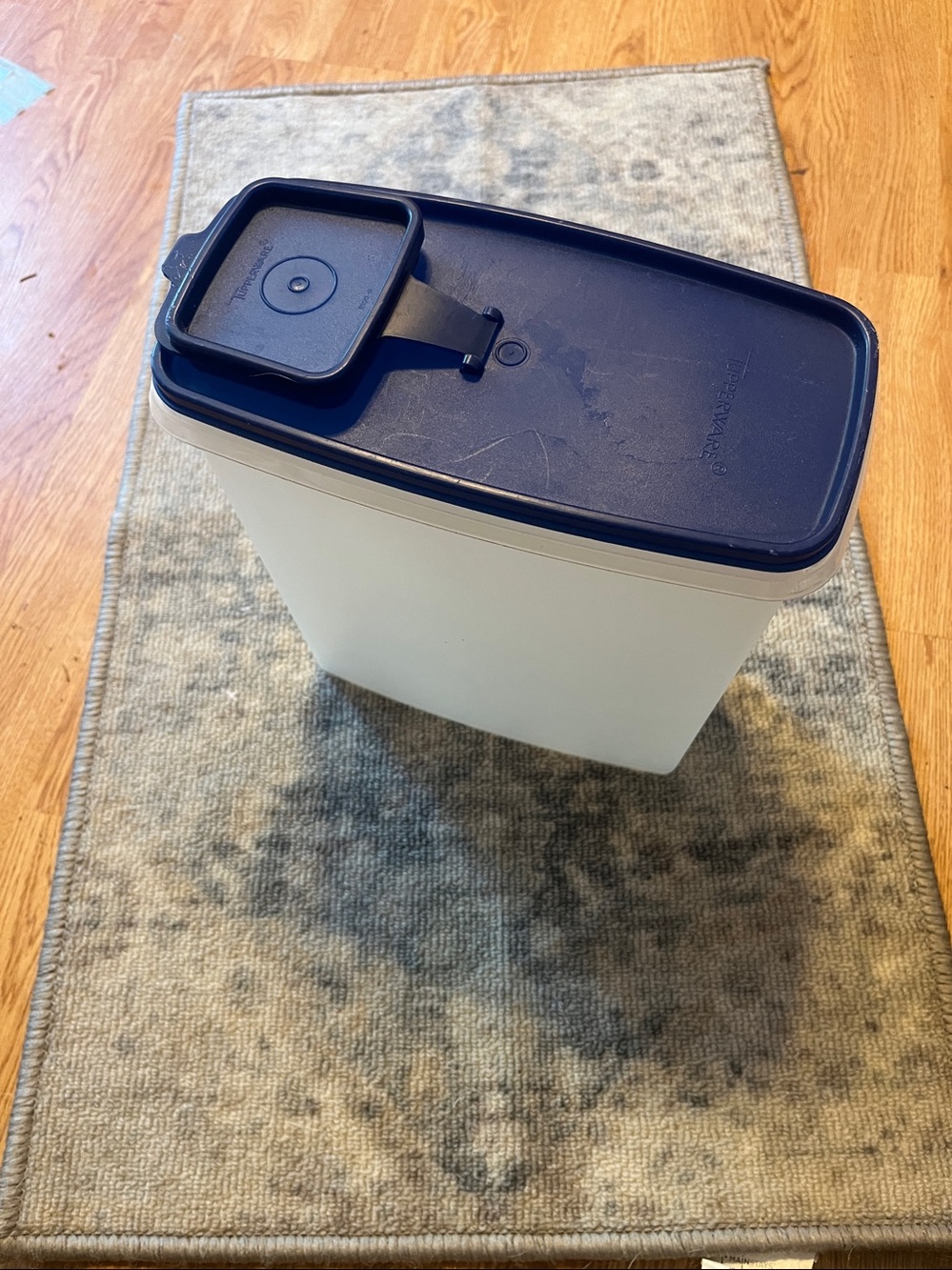 Tupperware White Container with Navy Blue Lid and Flip Spout